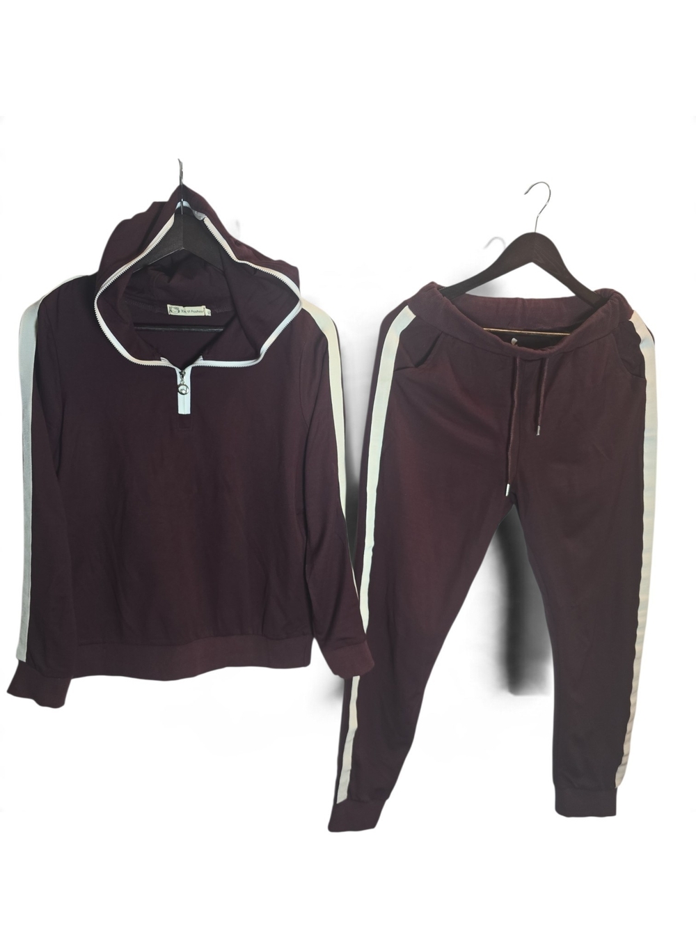 Maroon Hoodie & Jogger Pajama Set with White Stripe